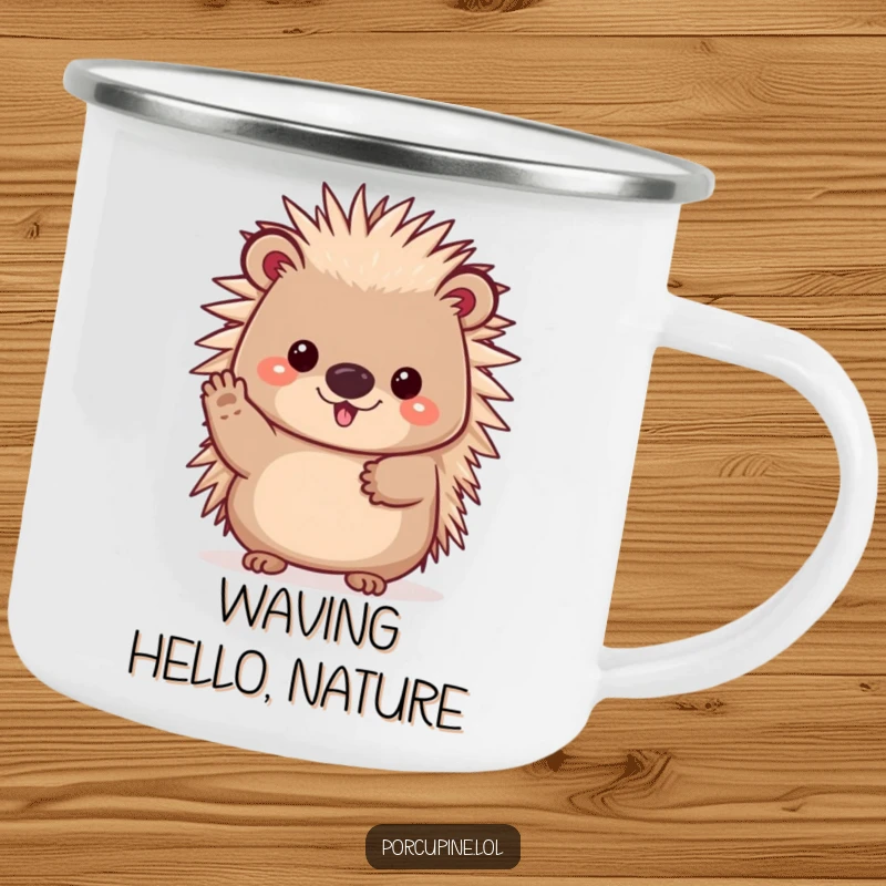 Funny camping mug displaying a cheerful kawaii porcupine waving its paw, adding friendliness to outdoor activities.