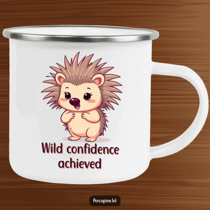 Funny confident porcupine camping mug featuring a porcupine in a bold pose with spread quills, ready for outdoor strength.