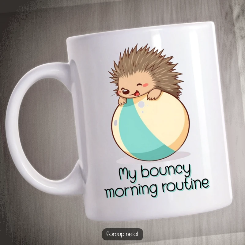 Funny beach ball porcupine mug featuring a happy porcupine joyfully bouncing high on a colorful beach ball.