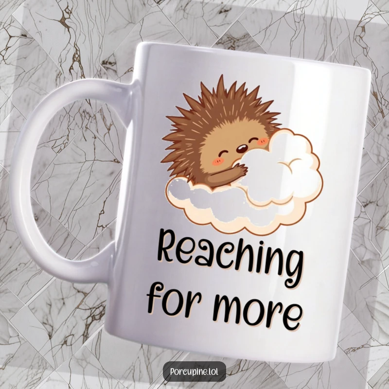 Funny mug illustration of a porcupine comically trying to hug a large, fluffy cloud, depicting earnest effort and gentle humor.