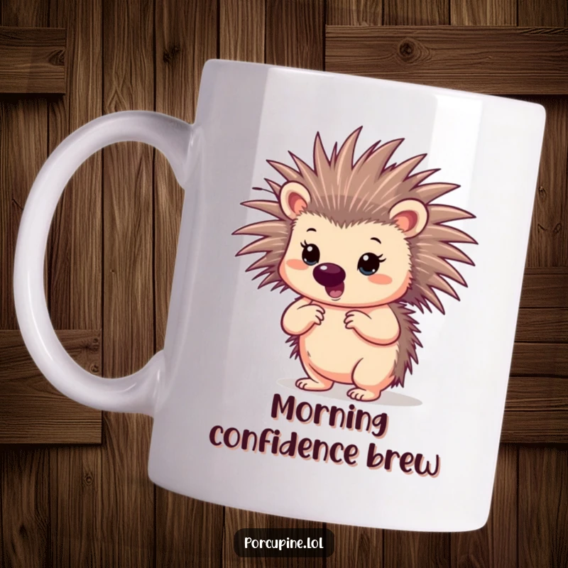 Funny porcupine mug featuring a porcupine striking a confident pose with its quills spread slightly, exuding self-assurance.