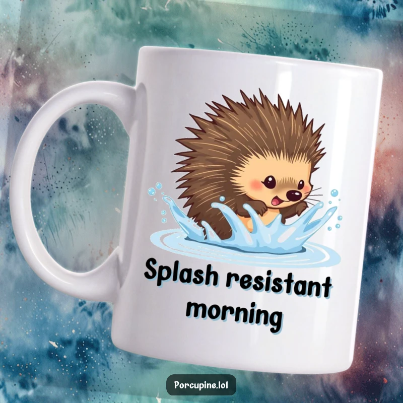 Funny dodging porcupine mug showing a porcupine playfully leaping away from a water splash, capturing a moment of surprise and fun.
