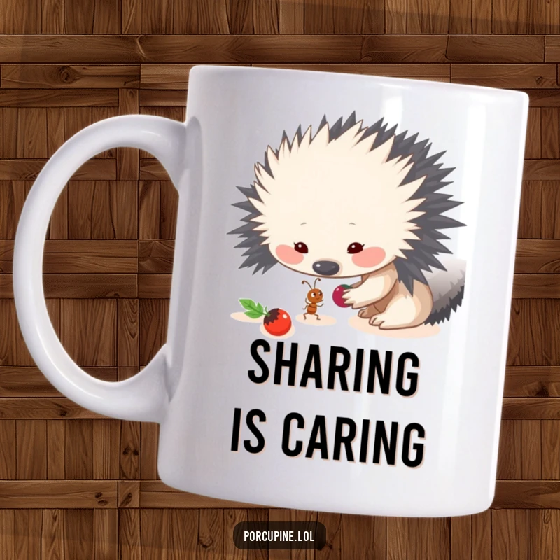 Funny mug illustration of a porcupine kindly sharing a berry with a small ant, highlighting themes of friendship and generosity.