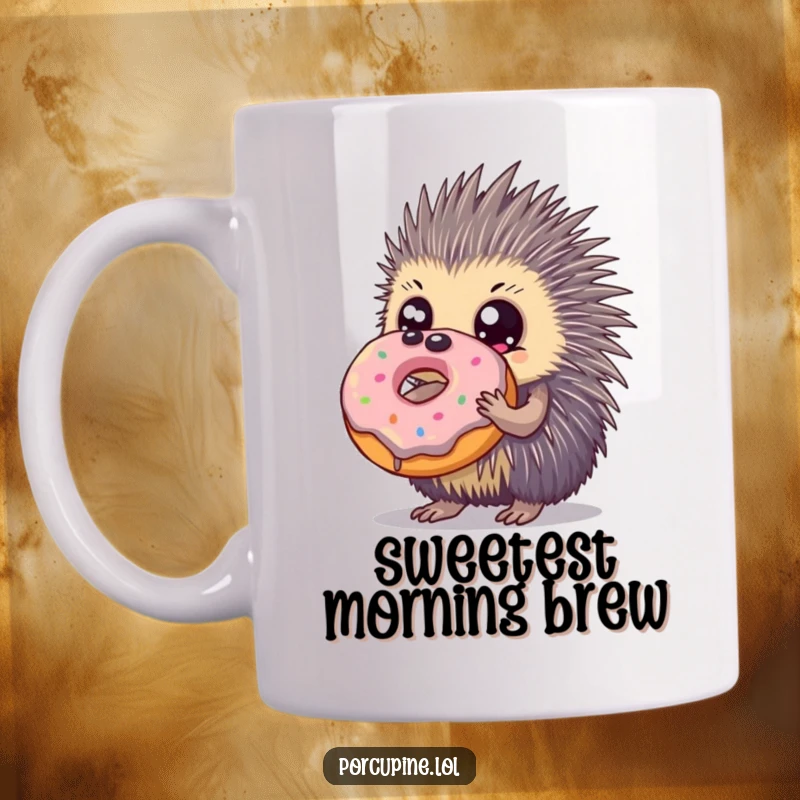 Funny mug featuring a porcupine with comically large eyes clutching a giant, delicious-looking donut with pure joy.