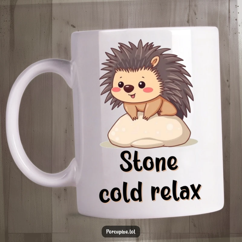 Funny mug featuring a content kawaii porcupine sitting peacefully on a smooth stone, radiating calm and happiness.