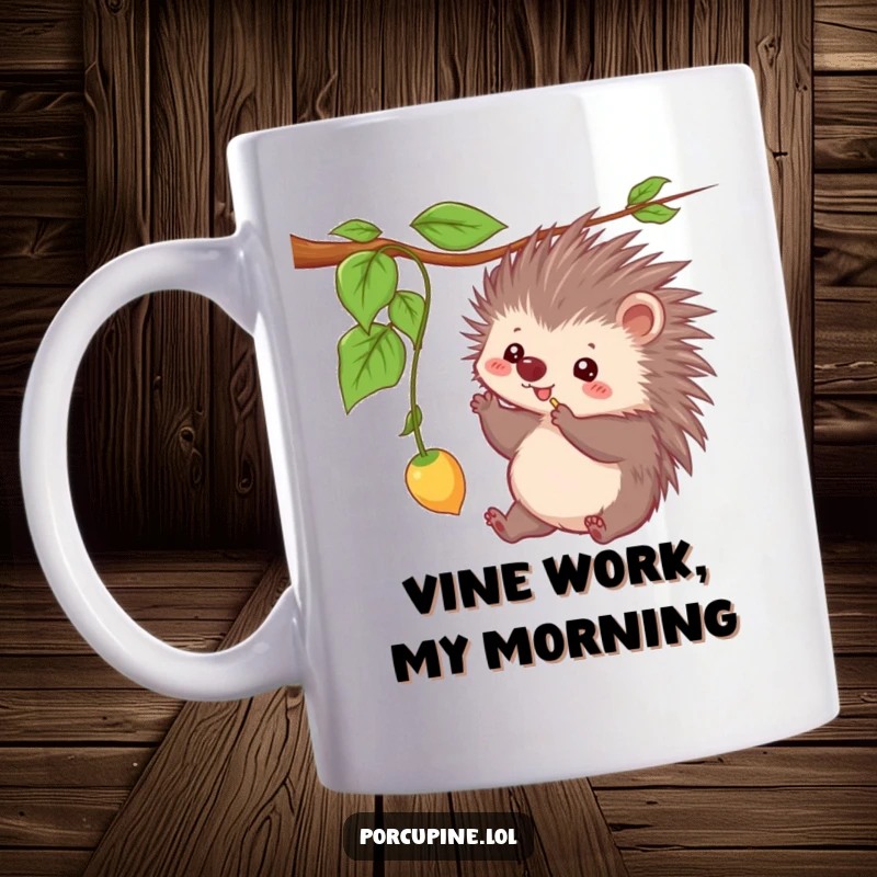 Funny mug featuring a kawaii porcupine playfully batting at a dangling vine, showcasing its sweet and mischievous personality.
