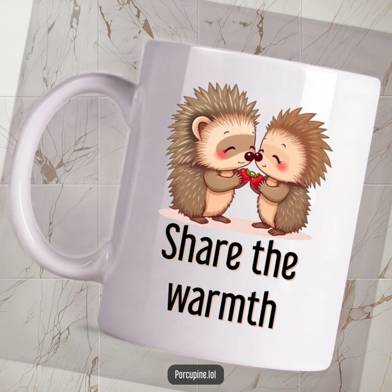 Funny porcupine mug depicting two porcupines gently sharing a tiny berry, showcasing adorable friendship and kindness.