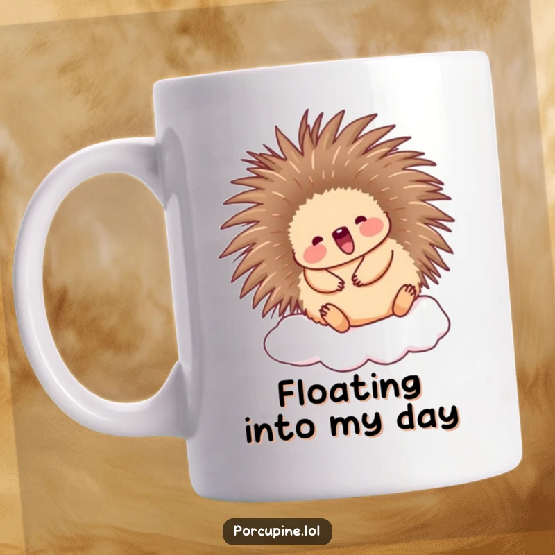 Funny Porcupine Mug: Cute porcupine happily bouncing on a soft, fluffy cloud, radiating pure joy and comfort.