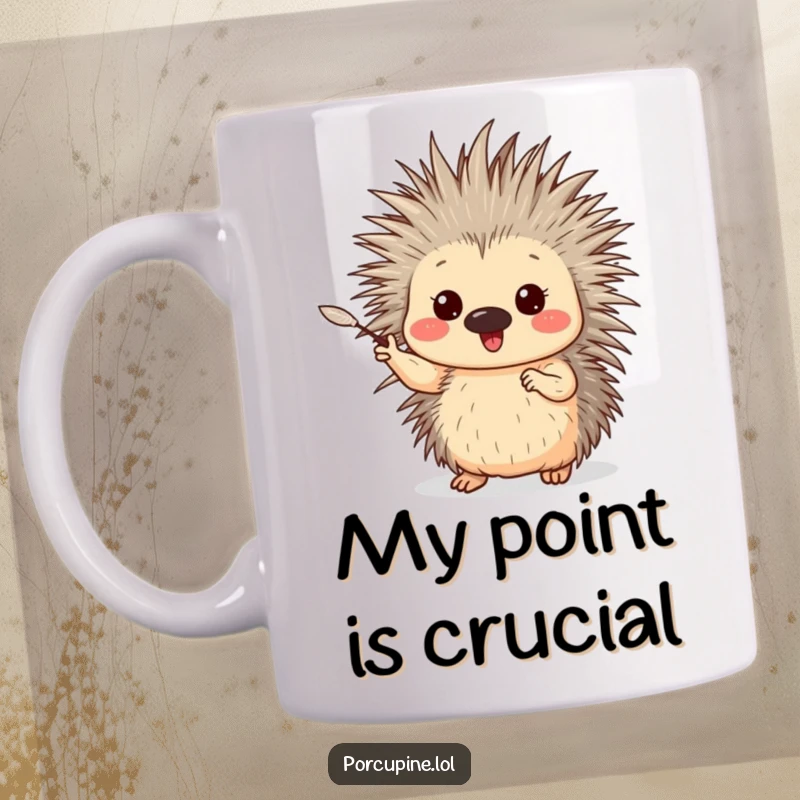 Funny Porcupine Mug: A porcupine enthusiastically gesturing with a single, gentle quill, conveying excitement and humorous passion.