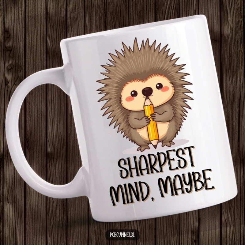 Funny mug displaying a porcupine with intense concentration, perfectly balancing a single pencil on its nose.