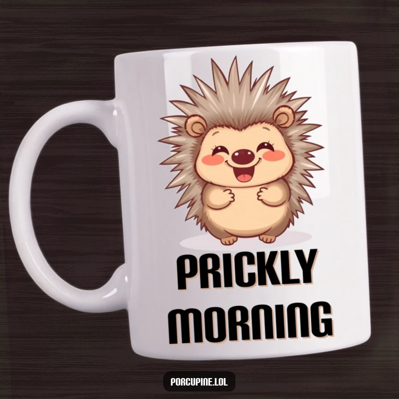 Funny Porcupine Quill Mug: A cute, grinning porcupine happily wiggling its quills, radiating funny joy.