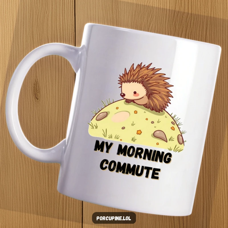 Funny mug featuring a cartoon porcupine gleefully rolling down a grassy hill, embodying pure, unadulterated fun.