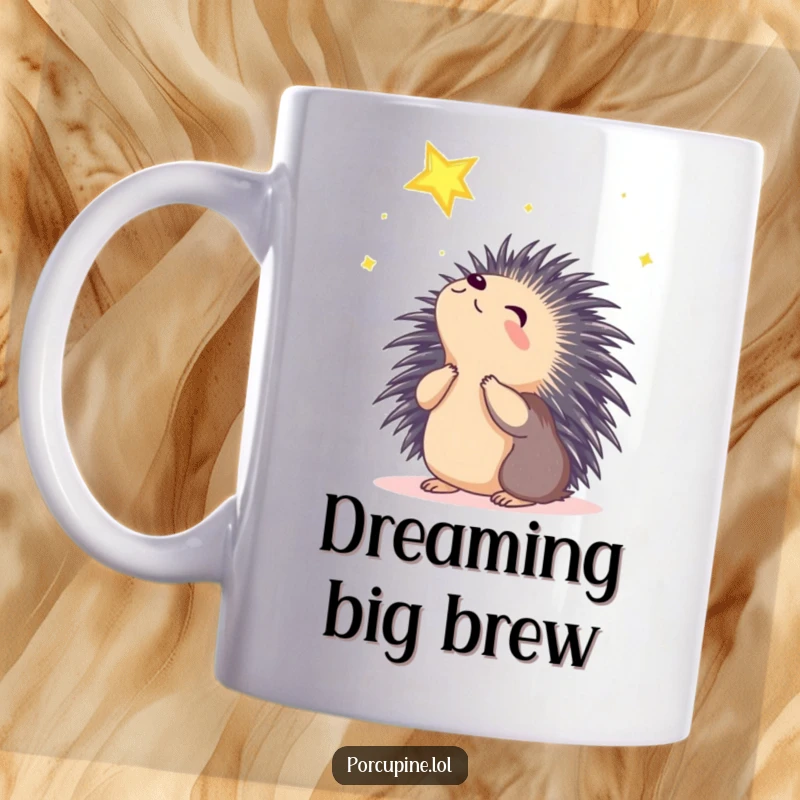 Funny porcupine mug showing a porcupine looking up at a shining star with immense wonder and hopeful curiosity.