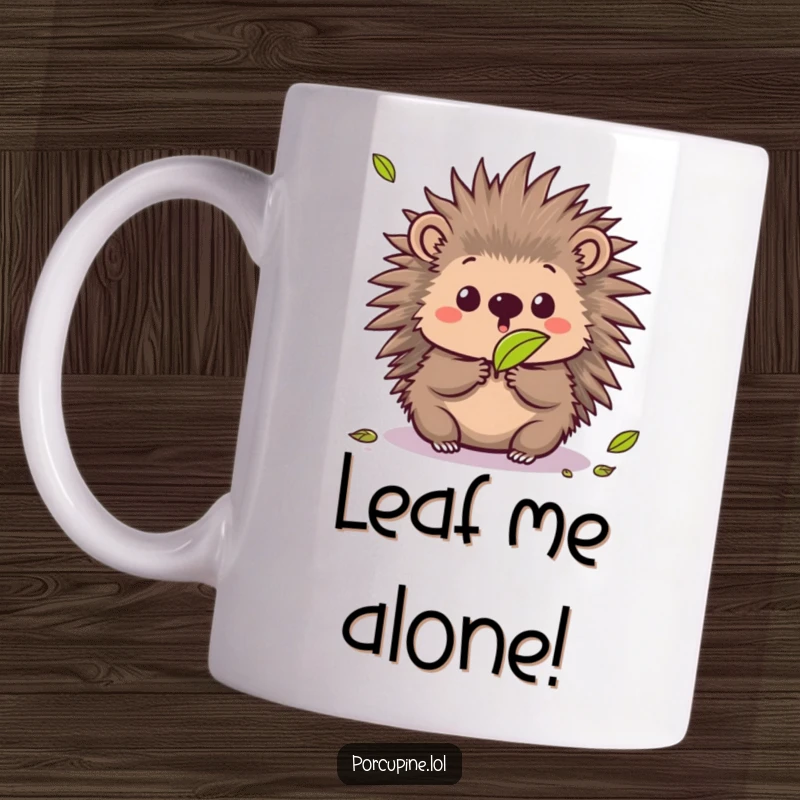 Funny mug featuring a kawaii porcupine with a surprised expression as a leaf falls, capturing a moment of mild shock.
