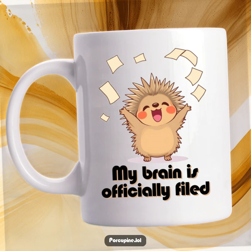 Funny mug featuring a cheerful porcupine joyfully tossing a stack of papers into the air, embodying office liberation.