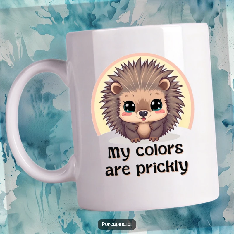 Funny mug featuring a wide-eyed porcupine artistically peering through a bright, vivid rainbow, expressing curiosity and charm.