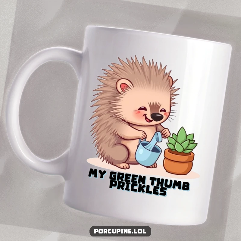 Funny mug featuring a porcupine happily watering a tiny succulent, showcasing gentle humor and plant appreciation.