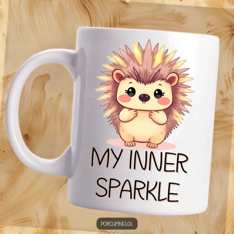 Funny mug showcasing a porcupine with softly glowing quills, creating a whimsical and enchanting visual effect.