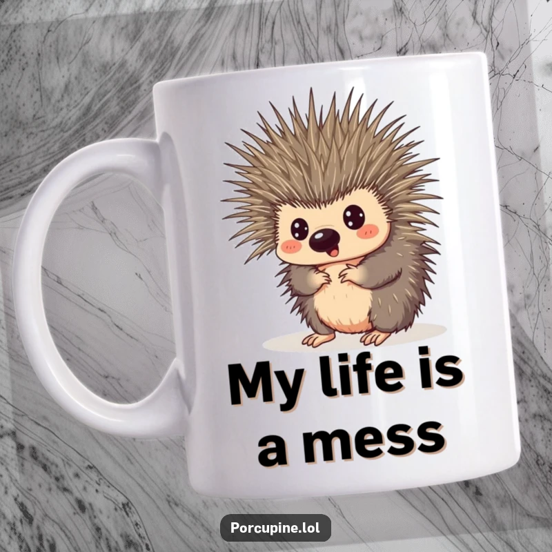 Funny mug featuring a porcupine comically tangled in its own quills, looking utterly surprised and a bit bewildered.