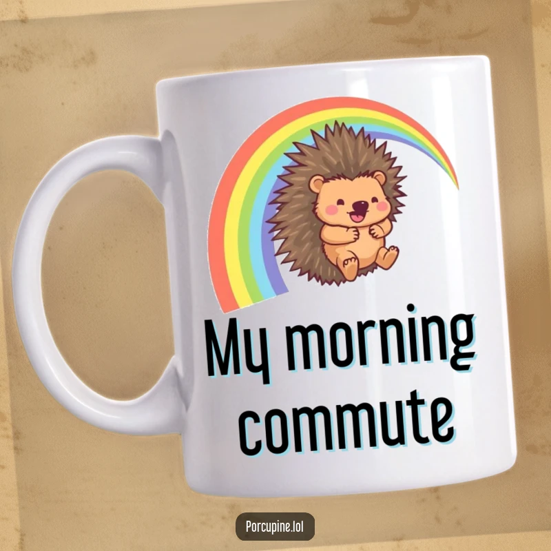 Funny Porcupine Mug: A porcupine joyfully sliding down a rainbow arc with a happy, whooshing sound, full of cartoonish glee.