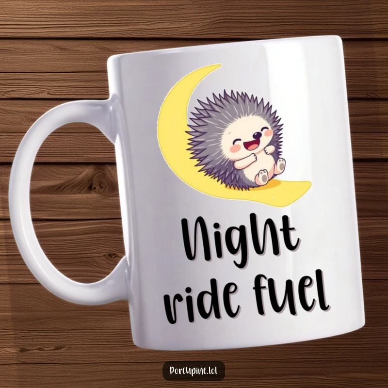 Funny mug depicting a porcupine gleefully sliding down a luminous moonbeam, conveying pure delight and whimsical nighttime adventure.
