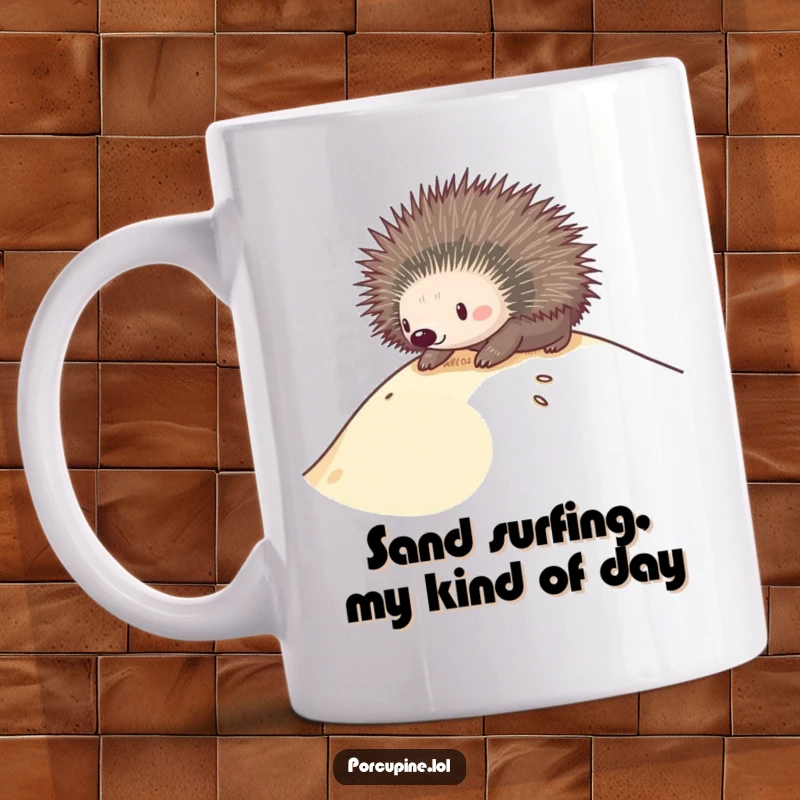 Funny mug featuring a porcupine joyfully sliding down a sandy dune, embodying carefree fun and a playful attitude.