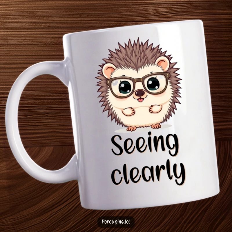 Funny mug featuring a porcupine wearing large glasses and peering curiously, conveying intelligence and a quirky sense of wonder.