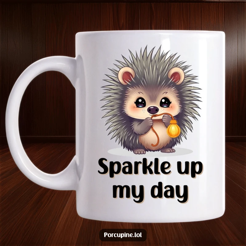 Funny mug featuring a porcupine with sparkling eyes, hilariously batting at a dangling string, capturing playful focus.