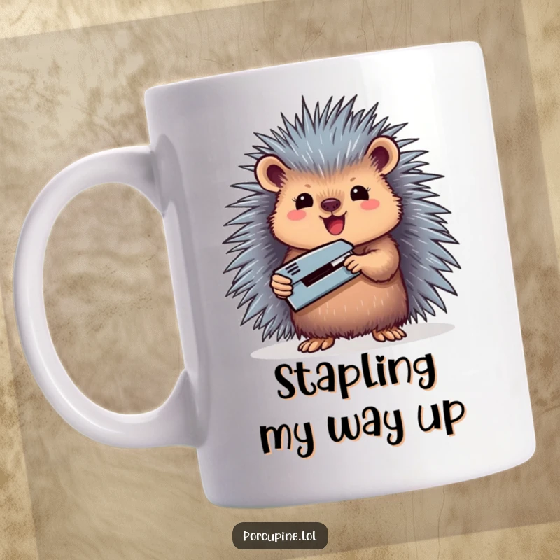 Funny mug featuring a triumphant porcupine proudly holding a tiny miniature stapler, signifying accomplishment and office fun.