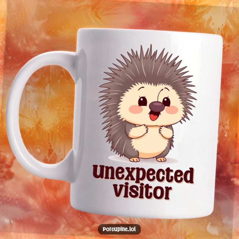 Funny mug illustration of a porcupine with a comically surprised expression as a butterfly alights on its nose.