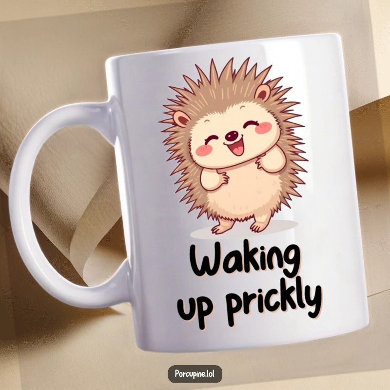 Funny mug with a porcupine doing a happy little dance, quills wiggling enthusiastically, perfect for spreading cheer and laughter with every sip.