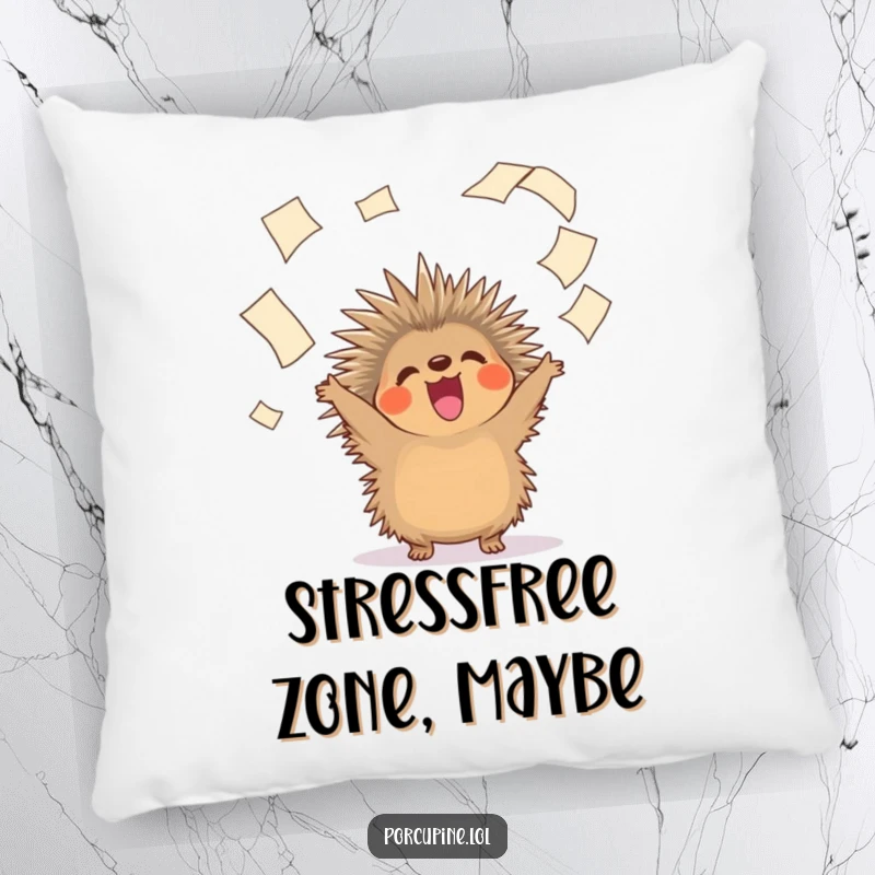 Funny pillow illustration of a delighted porcupine enthusiastically flinging papers, perfect for adding comfort and humor.