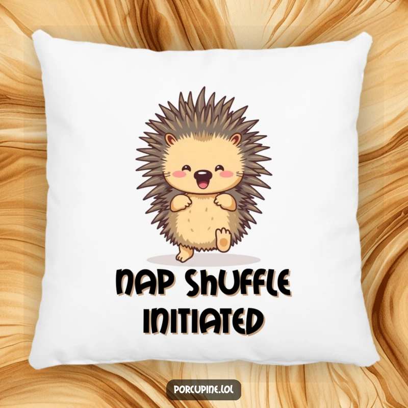 Funny porcupine shuffle pillow featuring a porcupine joyfully dancing with its feet, providing comfort and a dose of happiness.