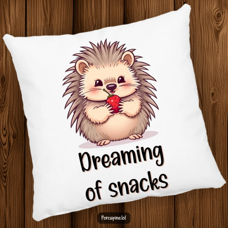 Funny Pillow featuring a porcupine carefully holding a single berry in its paws, offering it with a soft, gentle expression of goodwill.