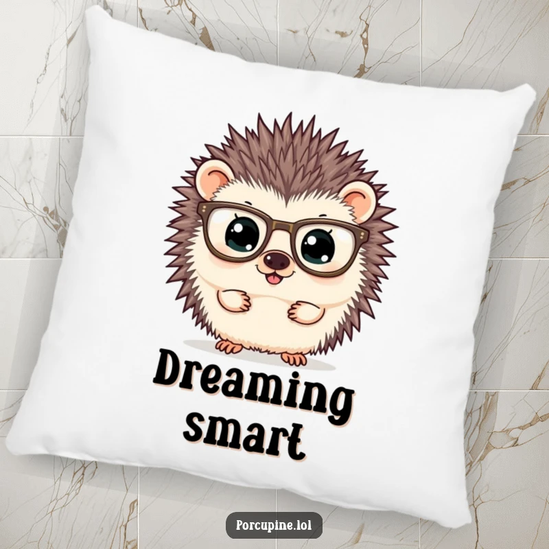 Funny pillow featuring a porcupine wearing large glasses and peering curiously, offering cozy comfort and a touch of intellectual humor.