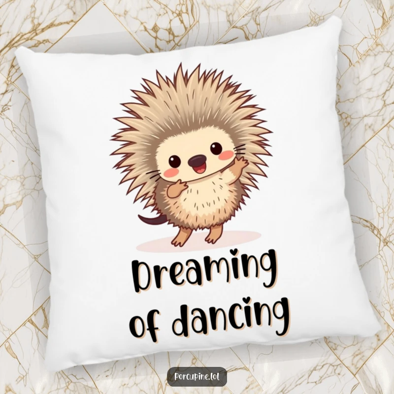 Funny pillow featuring a happy porcupine dancing with its feet tapping merrily, perfect for adding comfort and cheer.