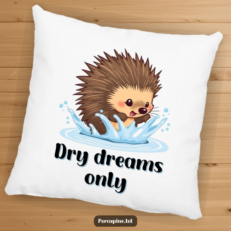 Funny dodging porcupine pillow featuring a porcupine playfully dodging a water splash, offering comfort and a humorous, agile design.