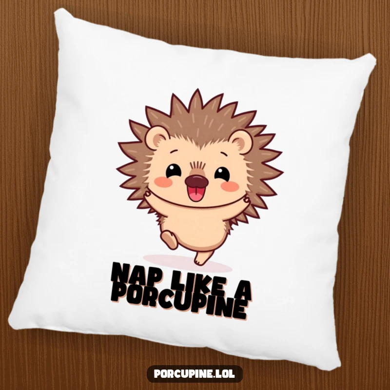 Funny Kawaii Porcupine Pillow: A soft, decorative pillow featuring a smiling porcupine joyfully hopping, offering a cute and funny touch to any cozy space.