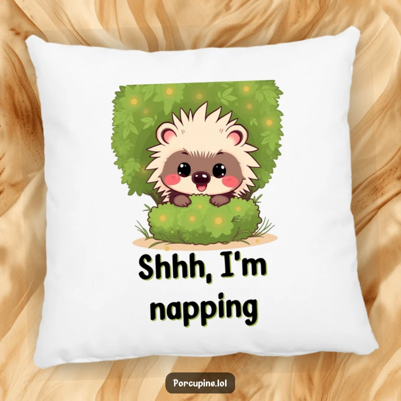 Funny Kawaii Porcupine Pillow: Soft and huggable pillow featuring a cute cartoon porcupine with a mischievous grin, peeking playfully.