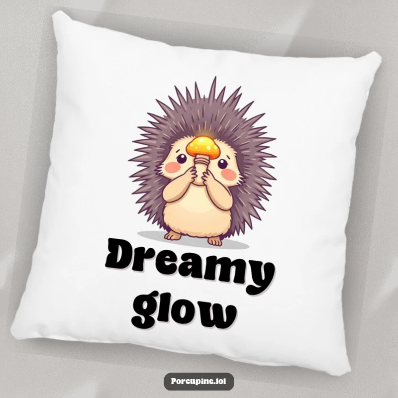 Funny pillow featuring a porcupine holding a small, glowing mushroom, offering cozy comfort and a sense of gentle, magical humor.