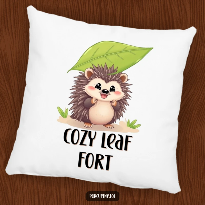 Funny pillow with a porcupine peeking from behind a leaf with a grin, offering cozy comfort and a delightful dose of playful humor.