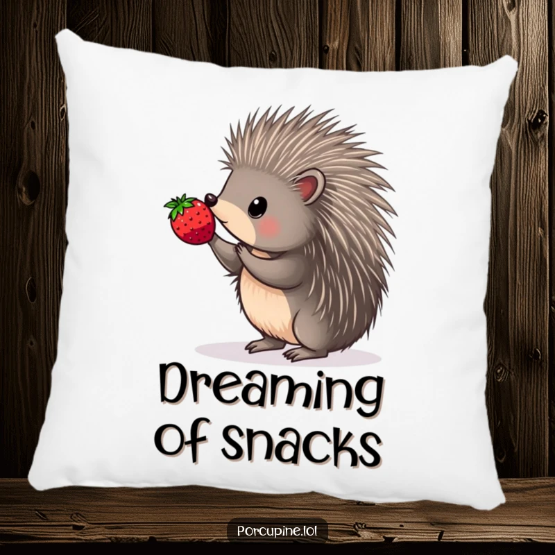 Funny pillow showcasing a porcupine with incredible focus, balancing a berry right on the tip of a quill.