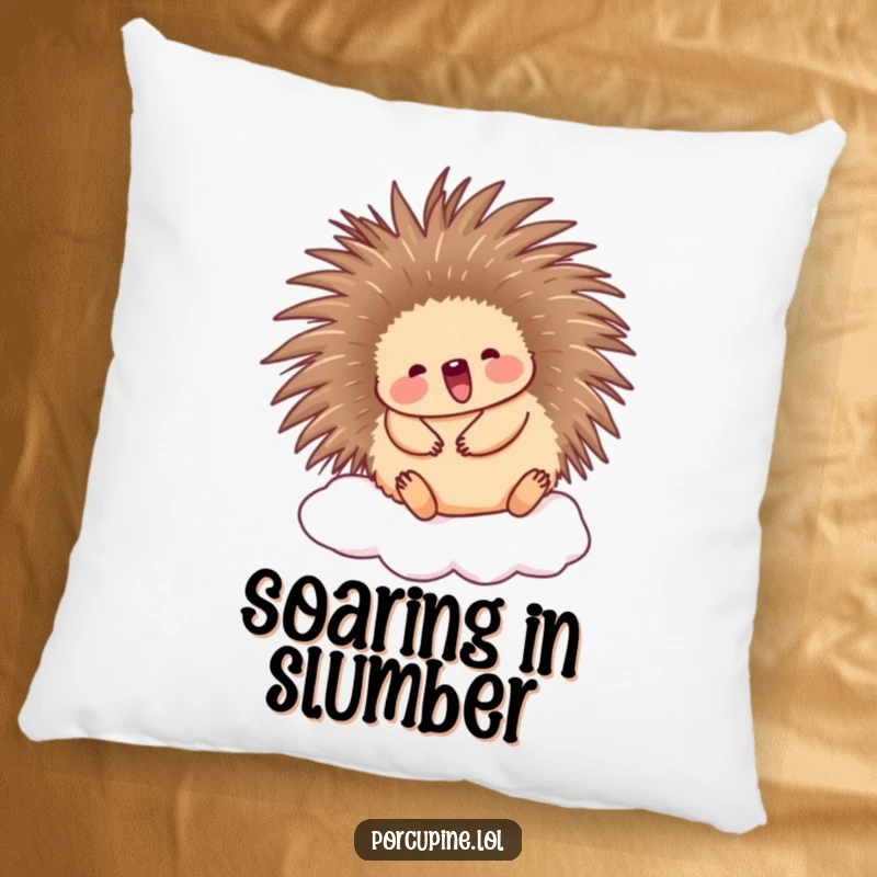 Funny Porcupine Pillow: Cute porcupine bouncing on a cloud, a funny and cozy addition for happy slumbers.