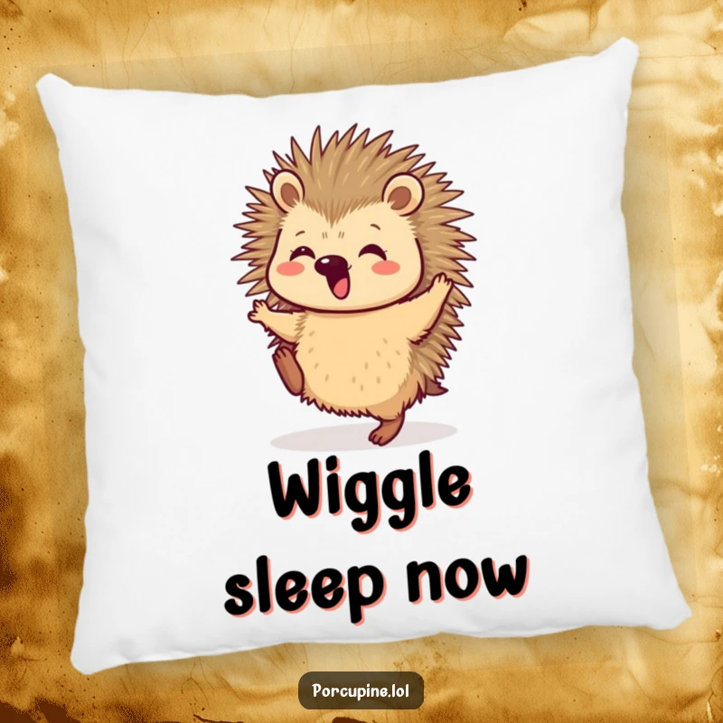 Funny Pillow featuring a porcupine joyfully dancing, its hind legs playfully extended, radiating an aura of pure, infectious happiness.