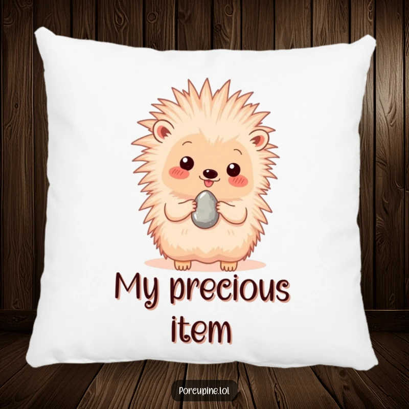 Funny pillow featuring a happy porcupine presenting a single, shiny pebble, offering comfort and a heartwarming touch.