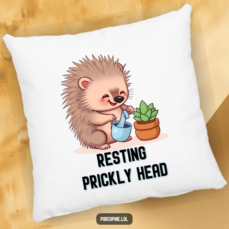 Funny pillow featuring a cheerful porcupine watering a tiny potted succulent, perfect for adding humorous charm to any seating area.