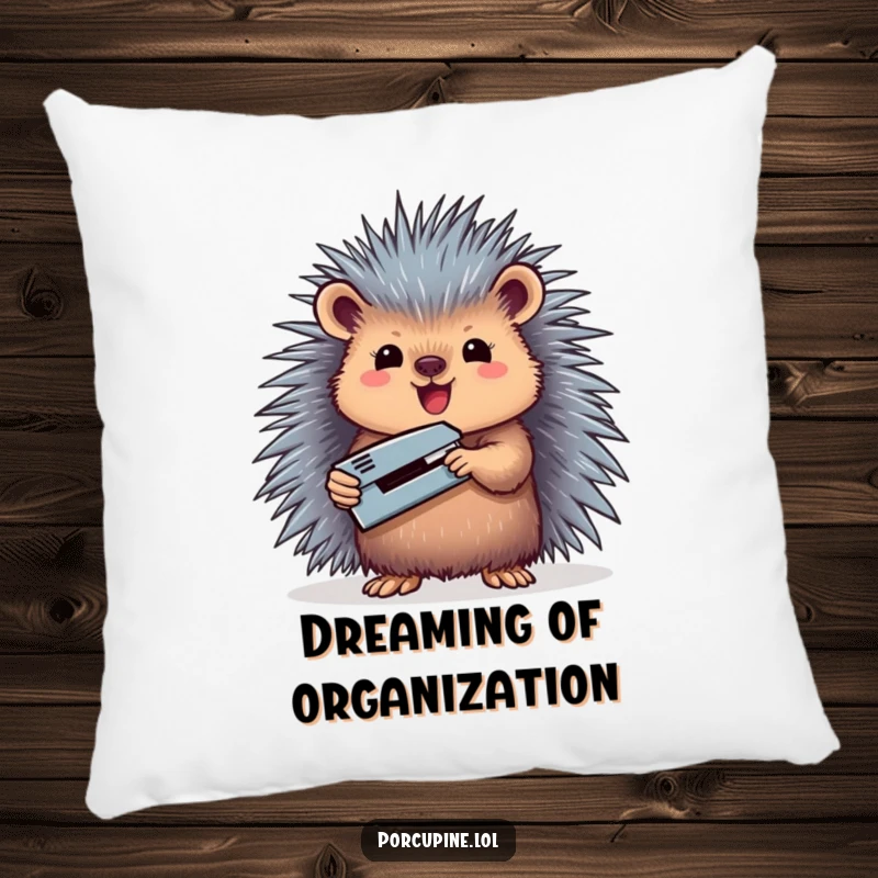Funny pillow featuring a porcupine triumphantly holding a miniature stapler, perfect for adding humorous flair to any room.