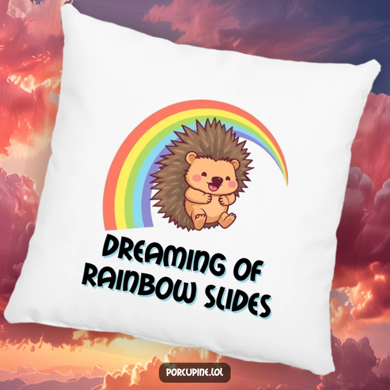 Funny Porcupine Pillow: A plush cushion showing a porcupine happily sliding down a rainbow arc with a whooshing sound, perfect for comfort and fun.
