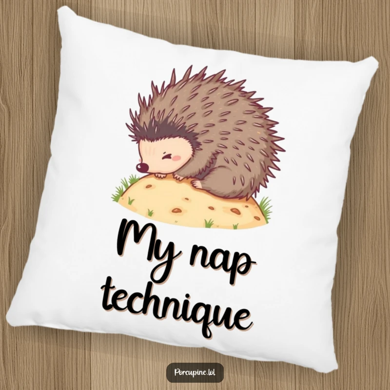 Funny pillow with a cute porcupine rolling down a hill, quills spread, offering a comfy and humorous decorative accent.