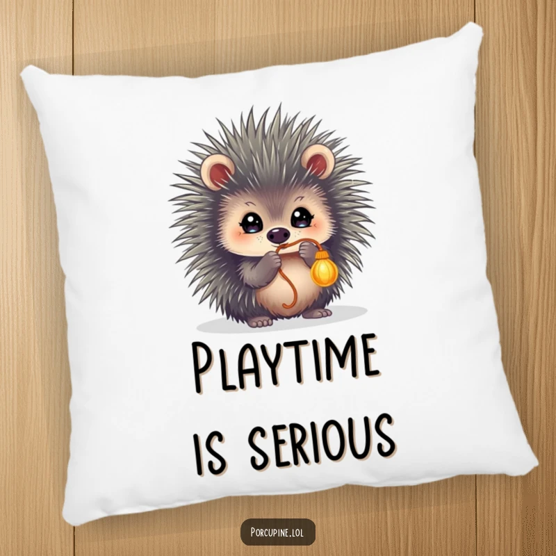 Funny pillow featuring a porcupine with sparkling eyes, batting at a dangling string, offering both comfort and captivating amusement.